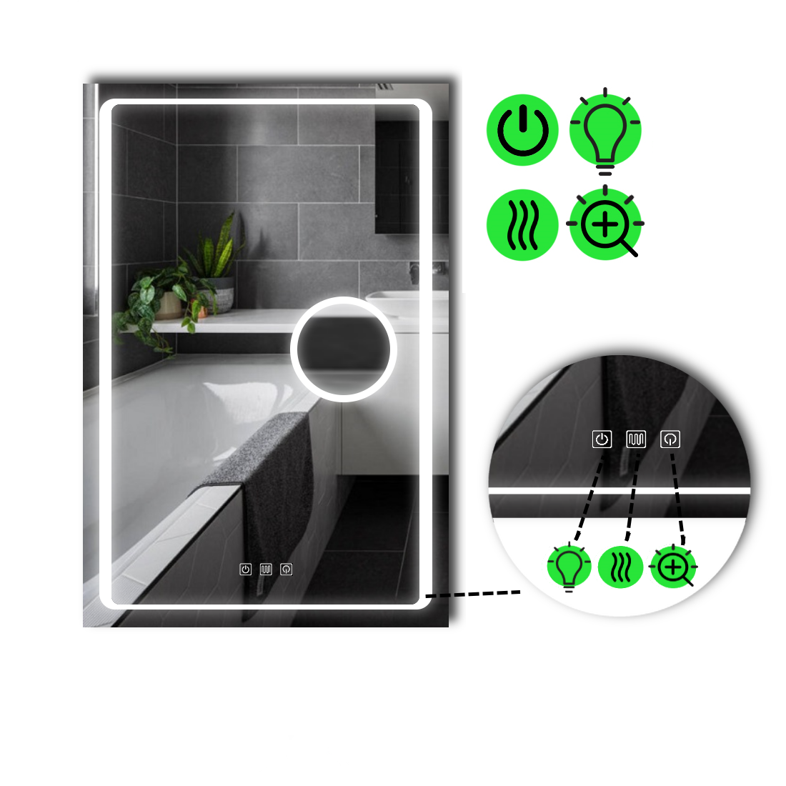 Зеркало с LED подсветкой Emma с тремя сенсорами/подогревом и линзой с подсветкой 60x100 см (Emma125)