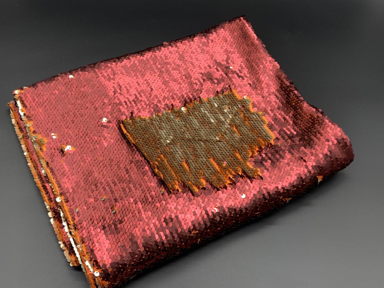 Ткань Пайетка перевертыш двухсторонняя на оранжевой основе 1 м Бордово-серебристый (885780296)