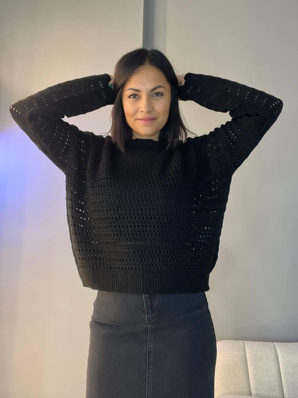 Светр жіночий MIX RAY 6766 ажурна вʼязка сітка павутинка OS Чорний (1233) - фото 4