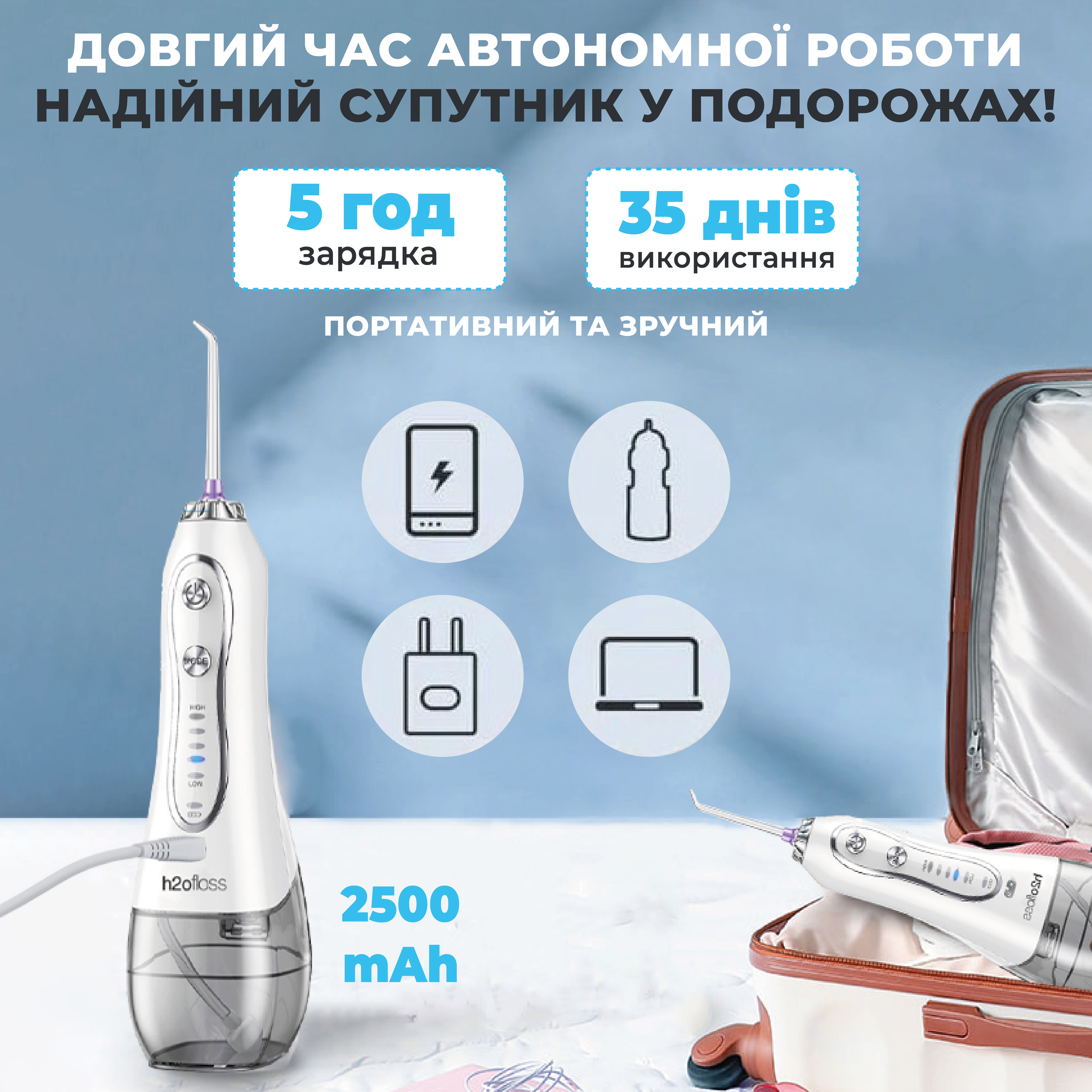 Ирригатор для полости рта H2ofloss Travel Kit HF-6 с насадками White (HF-6-White) - фото 5