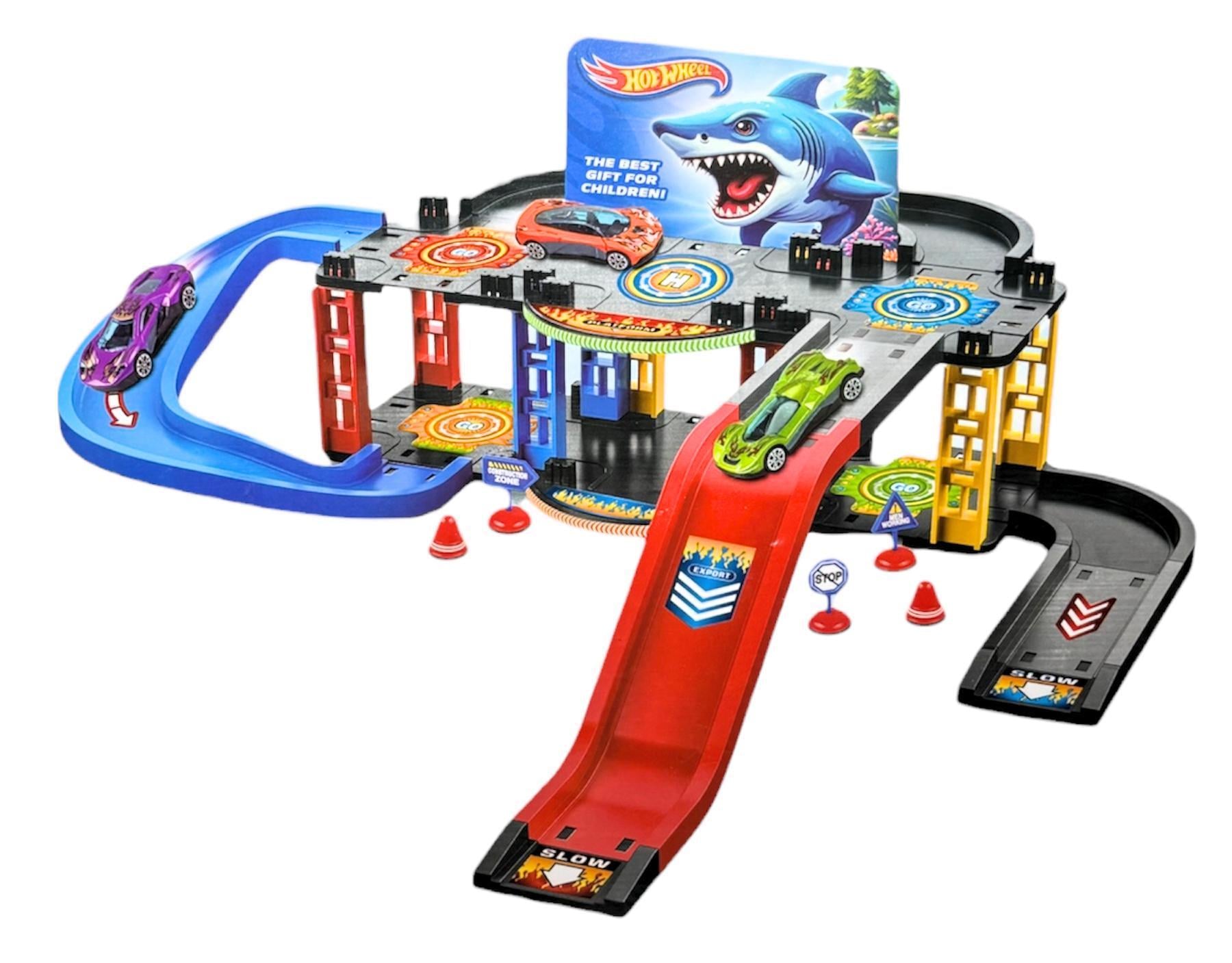 Автотрек с дорожными знаками Hot Wheel три машинки/два уровня игрушечный 38 деталей (31383003)