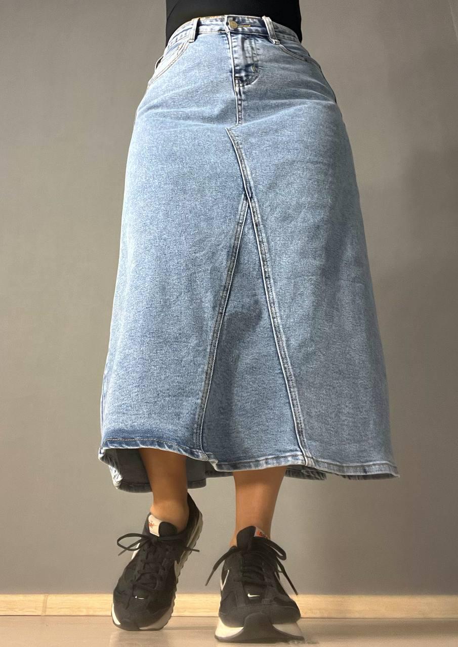 Спідниця жіноча джинсова Moss 501 довга трапеція з клином р. 26 Блакитний (4086) - фото 7