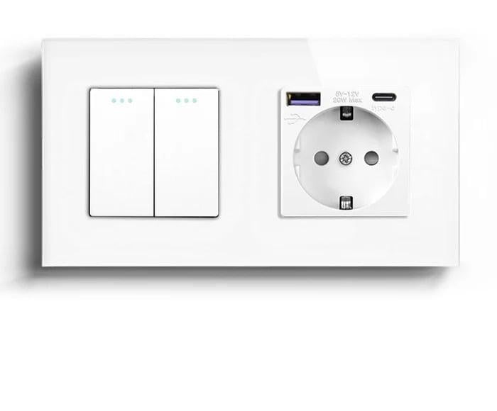 Выключатель двойной LUXION с розеткой USB A+C 20Вт с заземлением стекло Белый