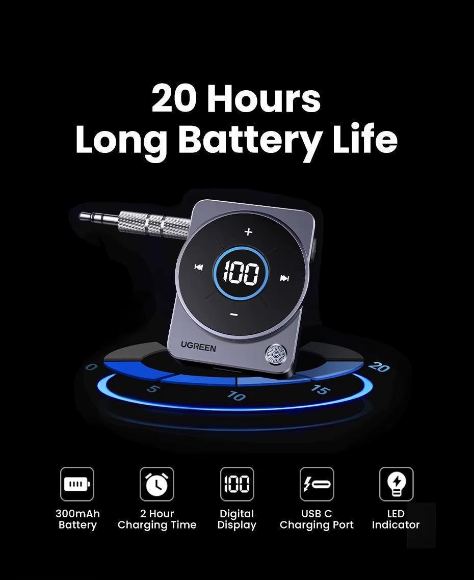 Адаптер UGREEN Bluetooth 5.4 AUX 3,5 мм 300 мАг 20 год Чорний (35003) - фото 13 Адаптер UGREEN Bluetooth 5.4 AUX 3,5 мм 300 мАг 20 год Чорний (35003) - фото 13