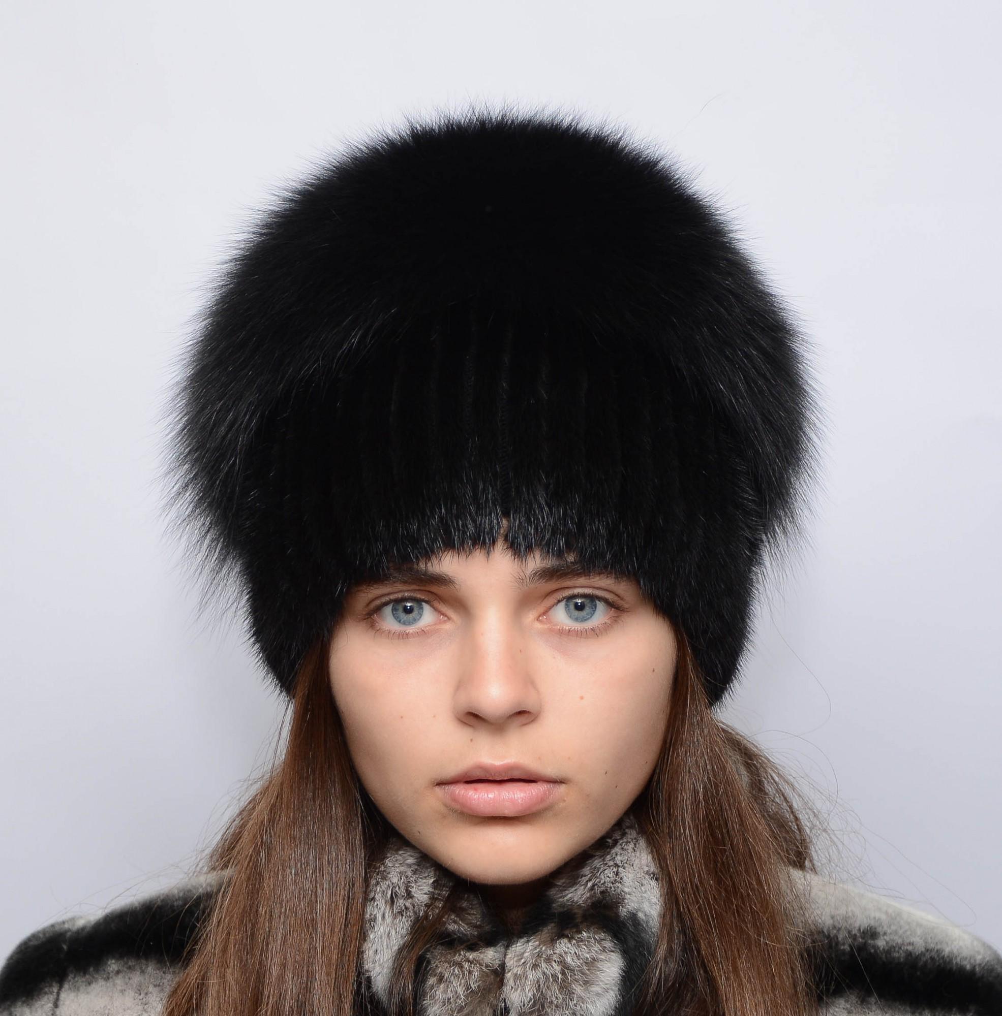 Жіноча в'язана норкова шапка Меховой стиль Водоспад з помпоном натуральне хутро Чорний (121/O)