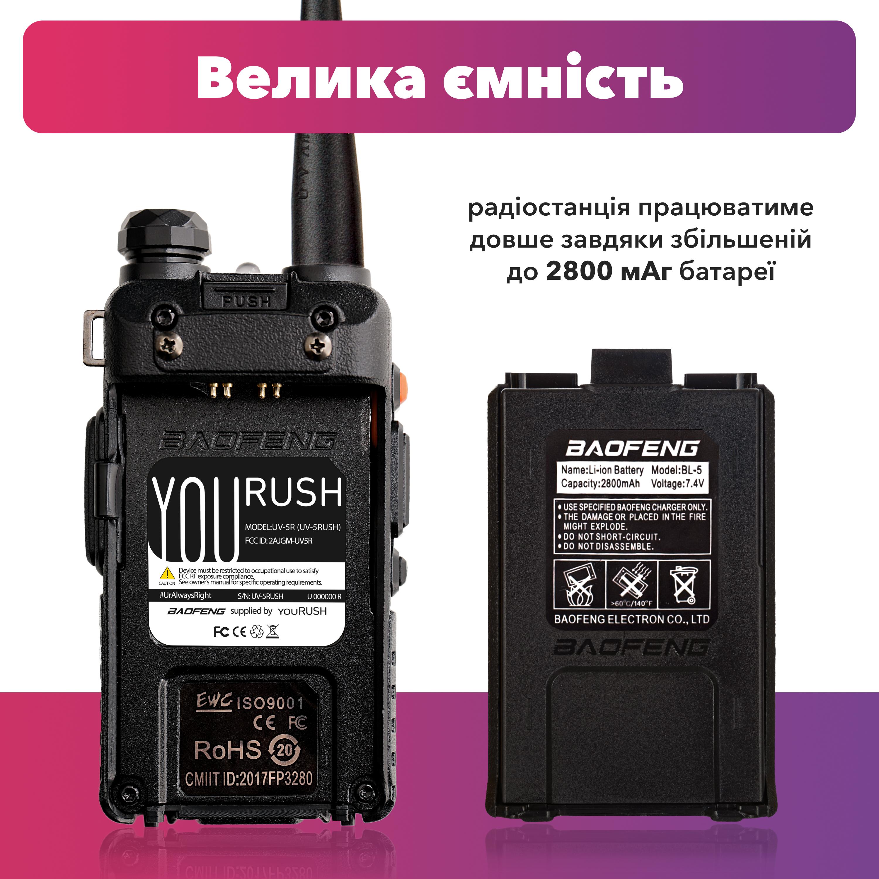 Рация Baofeng UV-5RUSH 8 Вт 2800 мА 144-148/420-450 МГц (8311) - фото 5
