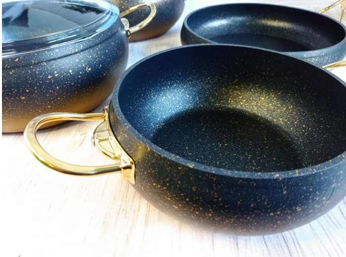 Набір посуду зі сковородою OMS з антипригарним покриттям 7 предметів Чорний/Золотий (3023-gold) - фото 4