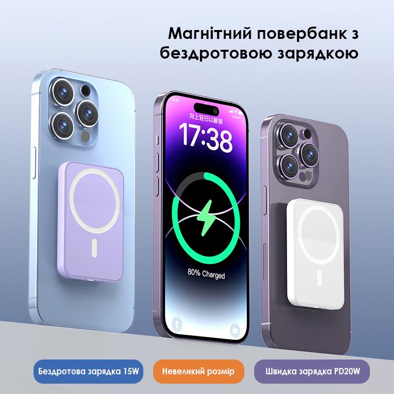 Повербанк MagSafe с беспроводной зарядкой 5000 mAh 15 W Пурпурный (348-5) - фото 3