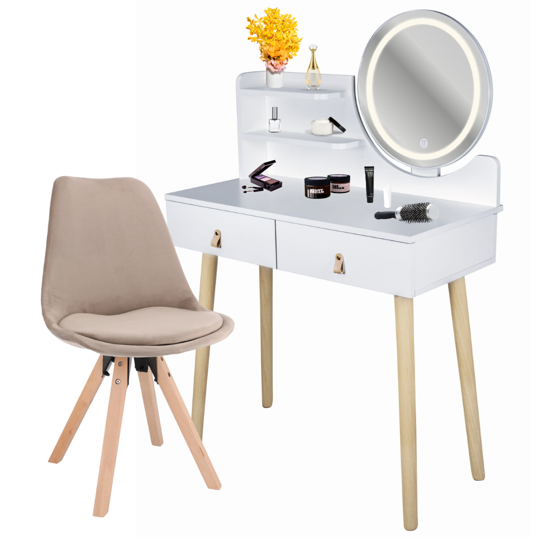 Туалетный столик JUMI Scandi LED с креслом Saida с кожанными ручками Бежевый (3580)