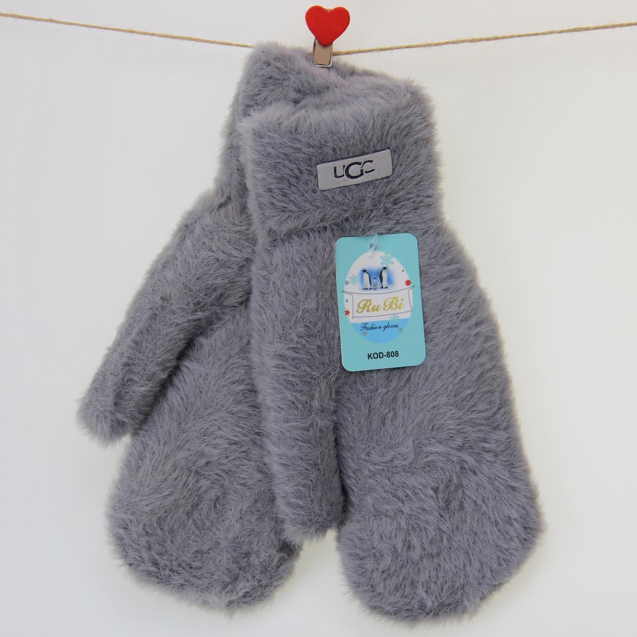 Перчатки женские шерстяные с мехом двойные Травка М Серый (33911)