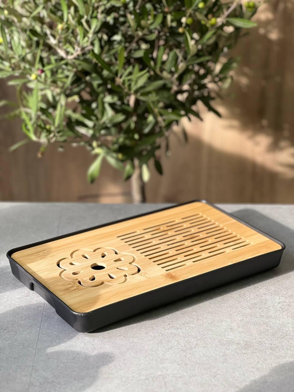 Таця-чабань для чайної церемонії Ченду з квіткою 31,5х19,2х3,5 см Чорний (OS-TT2523) - фото 2 Таця-чабань для чайної церемонії Ченду з квіткою 31,5х19,2х3,5 см Чорний (OS-TT2523) - фото 2