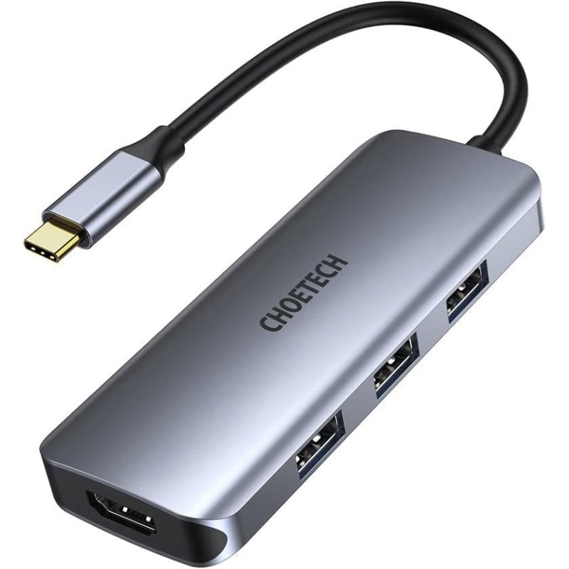 USB-хаб Choetech USB 3.1 to 3xUSB 3.0 1xTyp-C PD100W+HDMI 4K 30HZ+SD/TF 7в1 Grey (HUB-M19-GY)