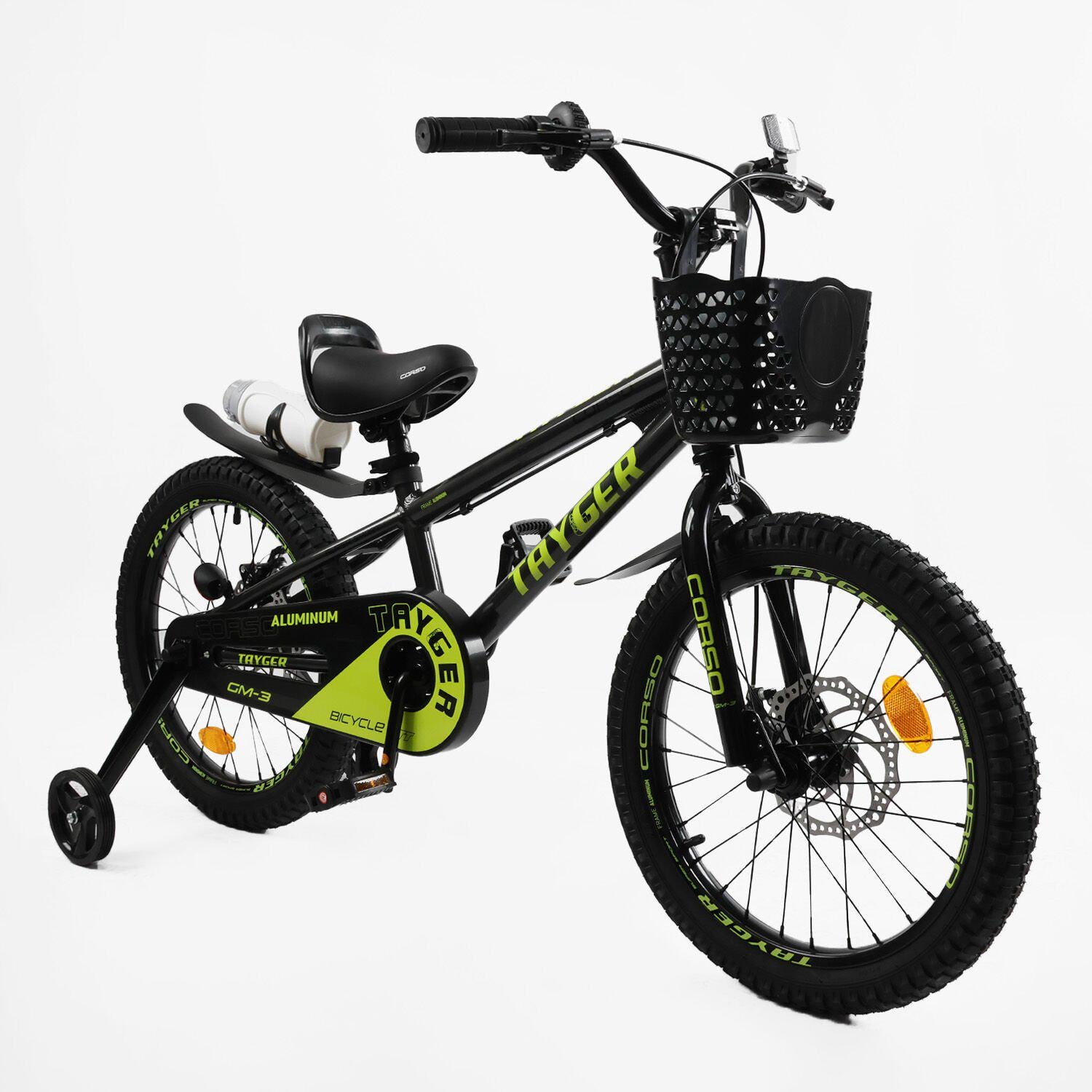 Велосипед двухколесный детский Corso Tayger 18" алюминиевый с корзиной/дисковые тормоза Черный