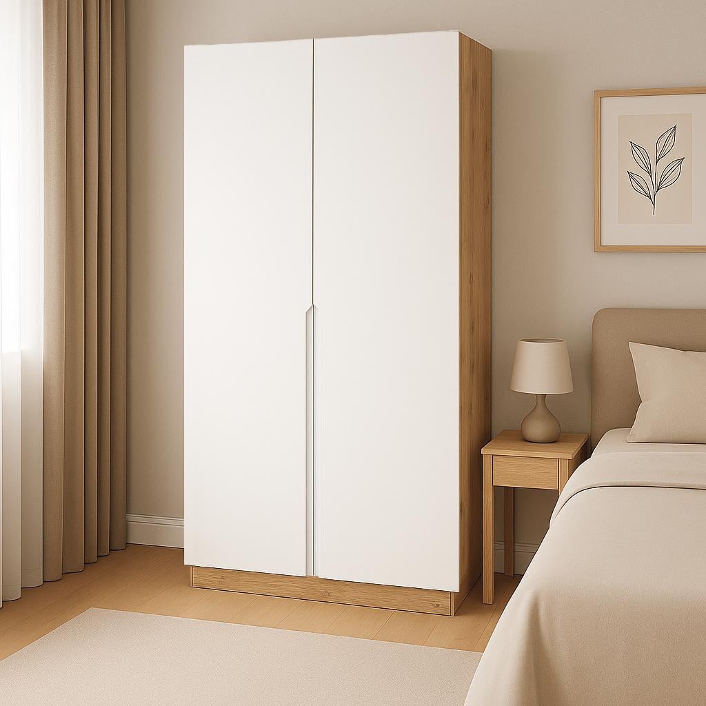 Шкаф распашной ШР2 SENAM фрезерованная ручка V 2100х1000х600 мм корпус ДСП Дуб Крафт Золотой фасад МДФ краска Белый RAL9003 (ШР2.21.60.10.ФР.5)