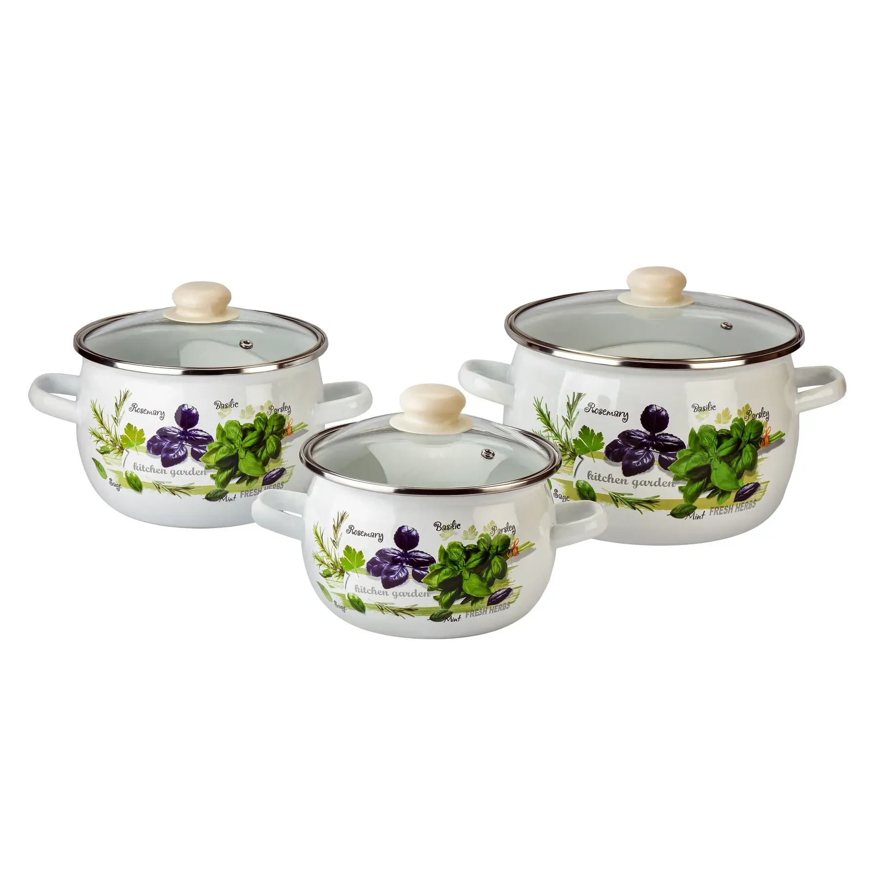 Набір каструль емальованих Зелень фреш зі скляними кришками 3 шт. (28426584)