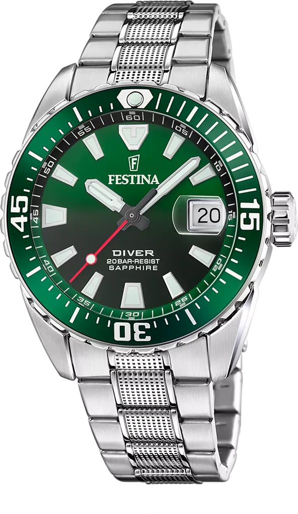 Наручний годинник чоловічий Festina The Originals F20669/2 з сталевим корпусом/водозахистом 200 м та зеленим циферблатом