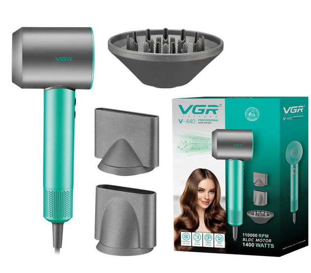 Фен для волосся професійний VGR V-440 3 насадки Зелений