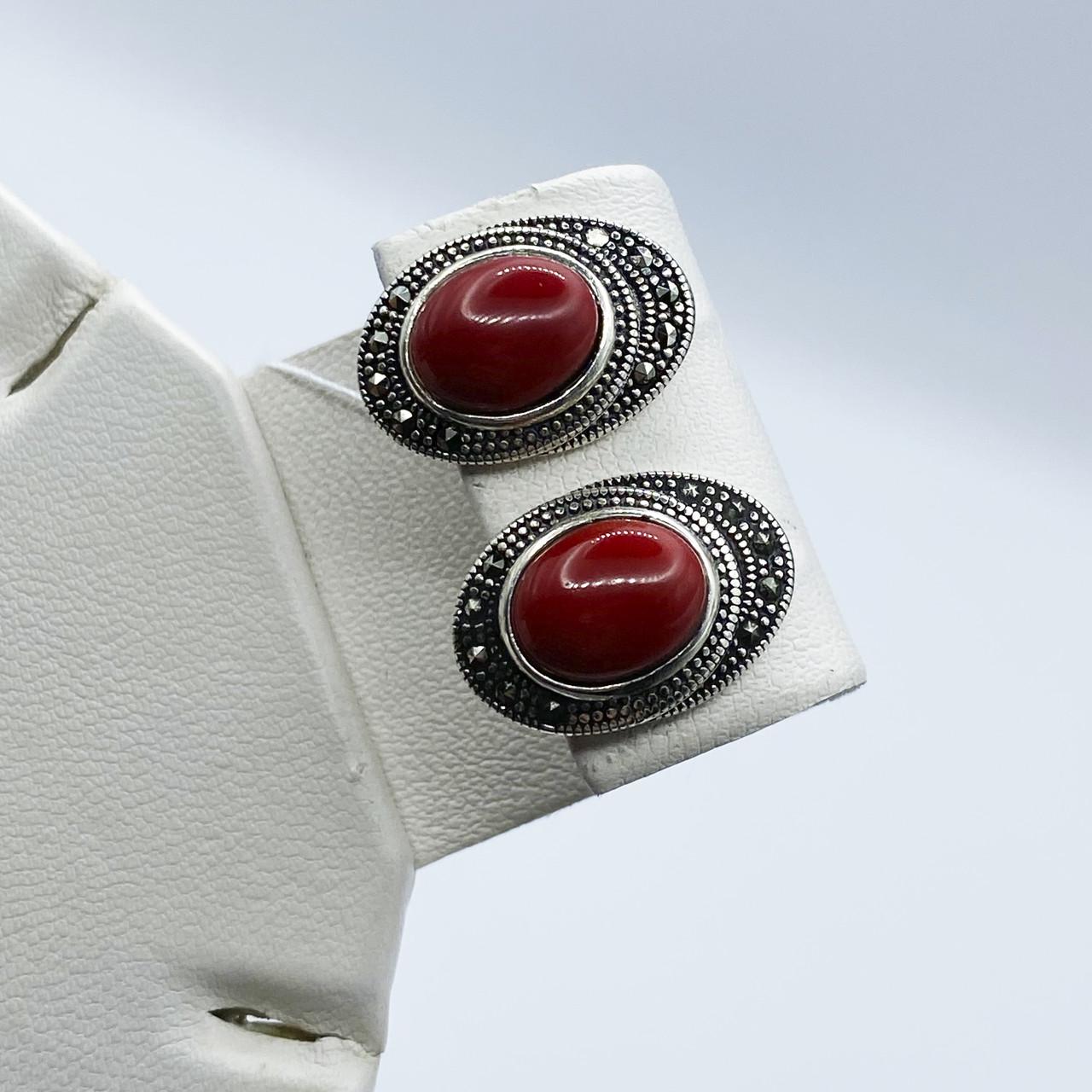 Серьги серебряные с кораллом и марказитом 6,28 г (2029309019)
