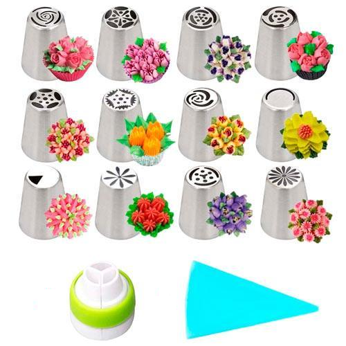 Набор кондитерских насадок 12 шт. для кремовых цветов с мишем и переходником (297278)