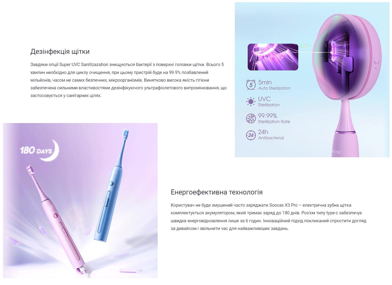 Электрическая зубная щетка с функцией стерилизации Soocas Electric Toothbrush X3 Pro Purple (23034254) - фото 5