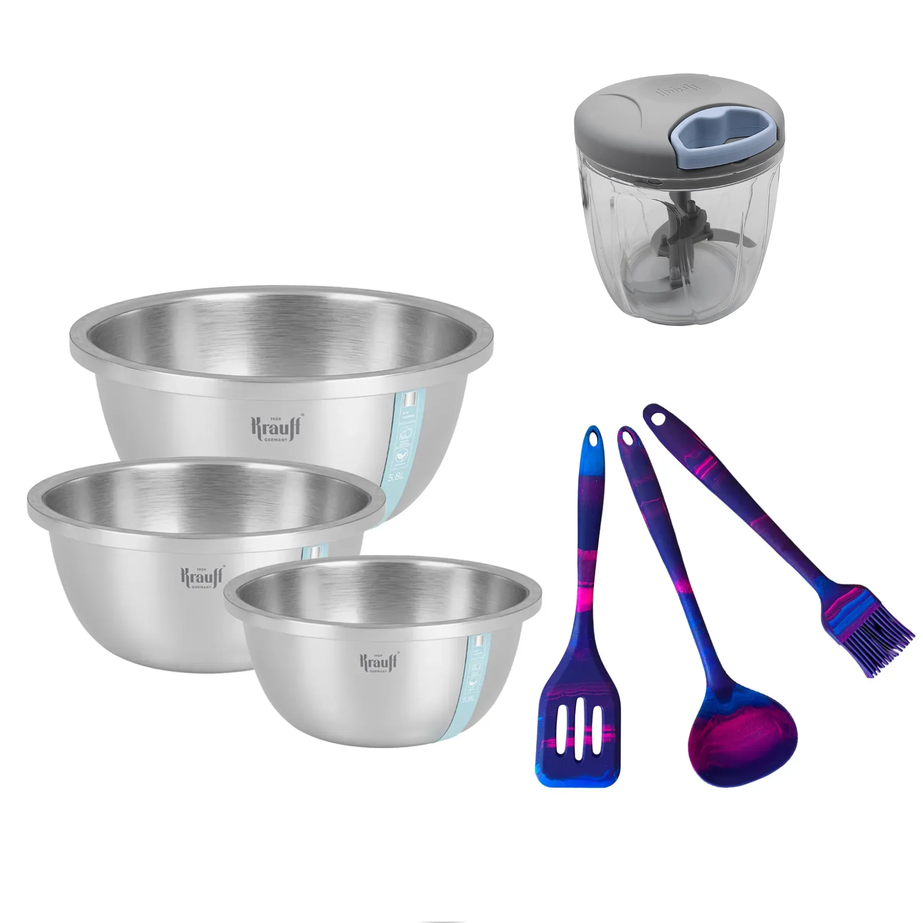 Набор мисок из нержавеющей стали Krauff с кухонными принадлежностями и многофункциональным измельчителем Chopper (55-333-372)