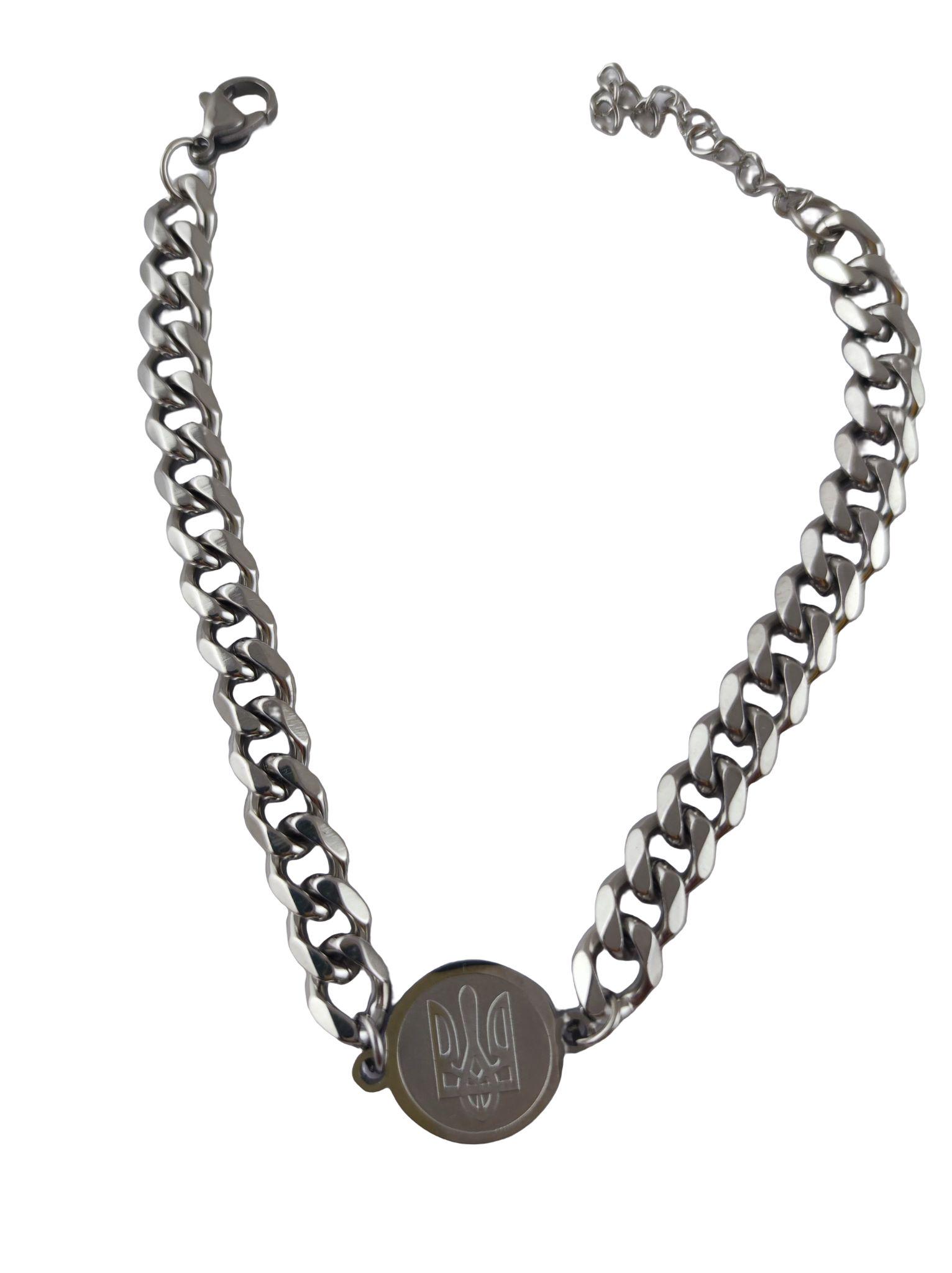 Браслет мужской патриотический с круглым кулоном и с тиснением герба Украины металл Серебристый (138930)