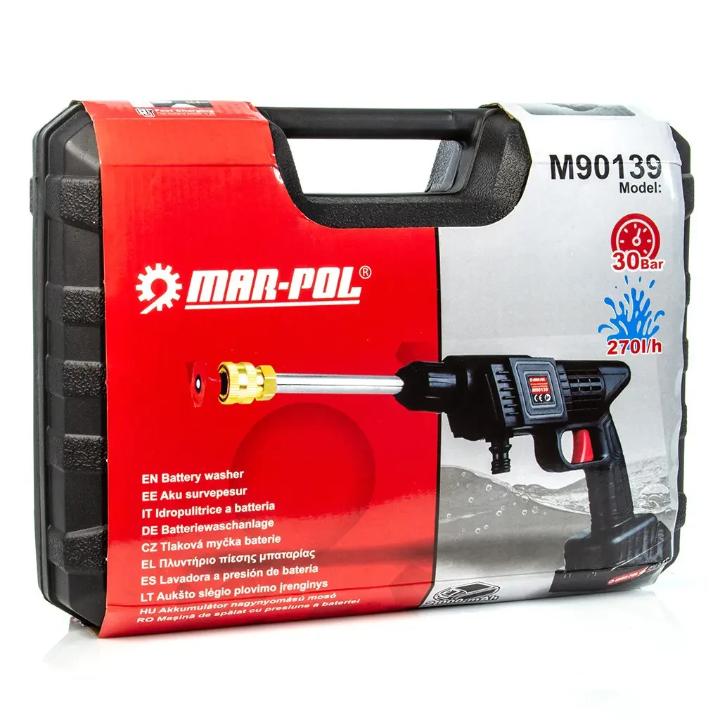 Акумуляторна міні-мийка високого тиску MAR-POL M90139 21 В, 30 бар, акумулятор 2 А·год, 5 м шланг, піноутворювач, кейс