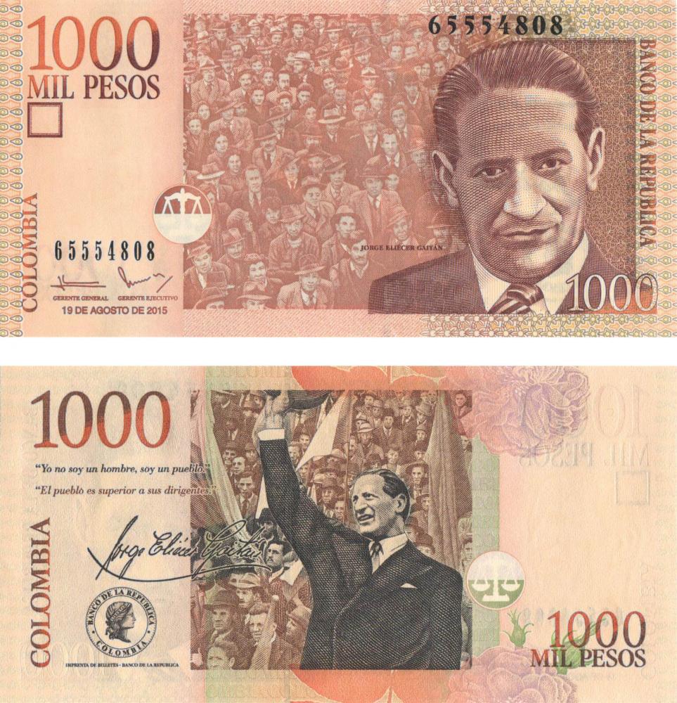 Коллекционная банкнота Колумбия 1000 песо 2015 UNC P456 (Б05252)