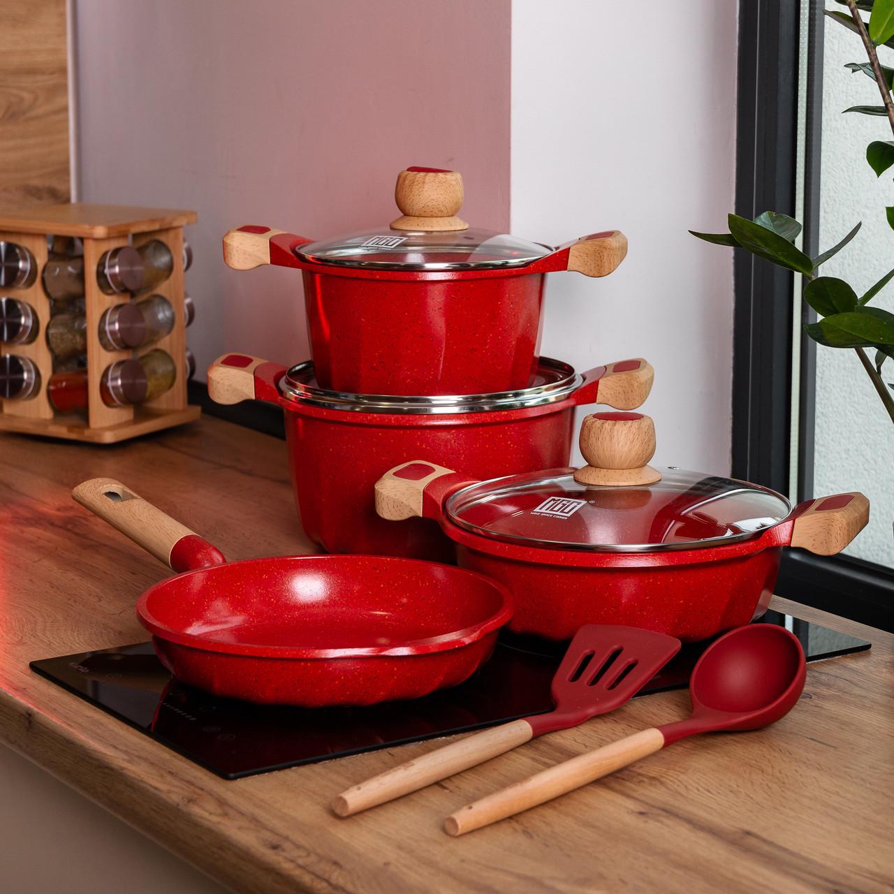 Набор посуды MGC кастрюли 3 шт./лопатка/половник Красный - фото 4 Набор посуды MGC кастрюли 3 шт./лопатка/половник Красный - фото 4