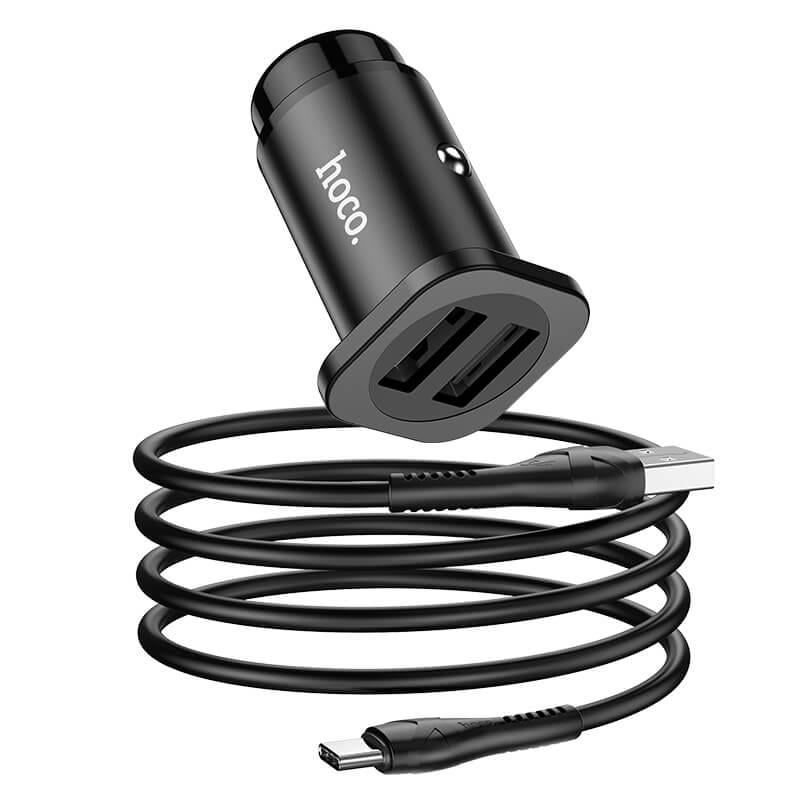 Адаптер автомобильный HOCO Type-C Cable Wise road dual port car charger set NZ4 |2USB, 4.8A| black - фото 2