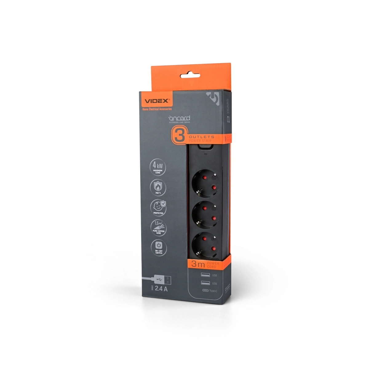 Подовжувач мережевий Videx ONCORD 2USB/USB-C з кнопкою з/з 3п 3x1,5 мм 2,4А 3 м Black (VF-PD33G2U1C-B)