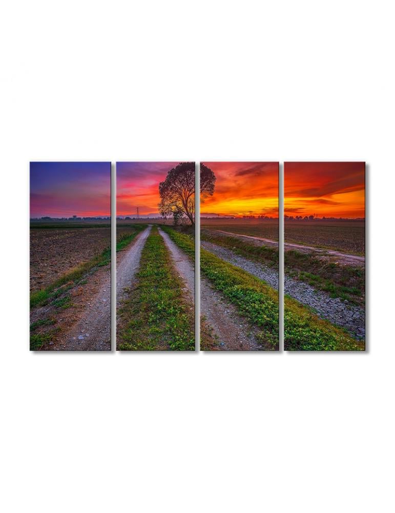 Картина модульная Поле дерево закат 4 модуля 60x90 см