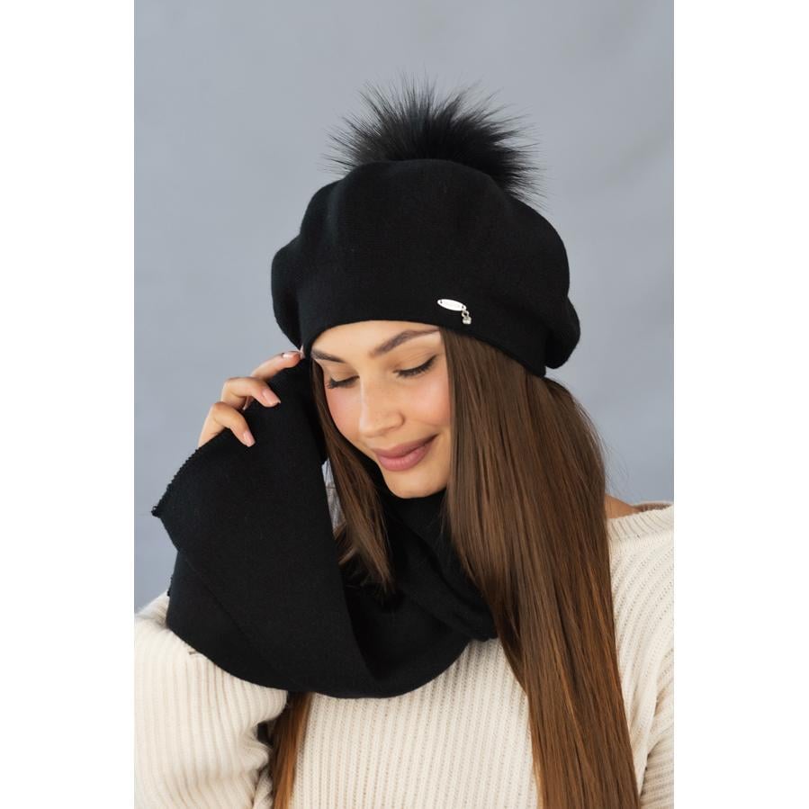Комплект женский зимний Braxton 6016-1 берет утепленный флисом с песцевым бубоном и шарф Черный
