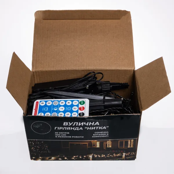 Гирлянда нить уличная 300 LED 30 м на солнечной батарее черная нить с пультом ДУ Желтый - фото 5