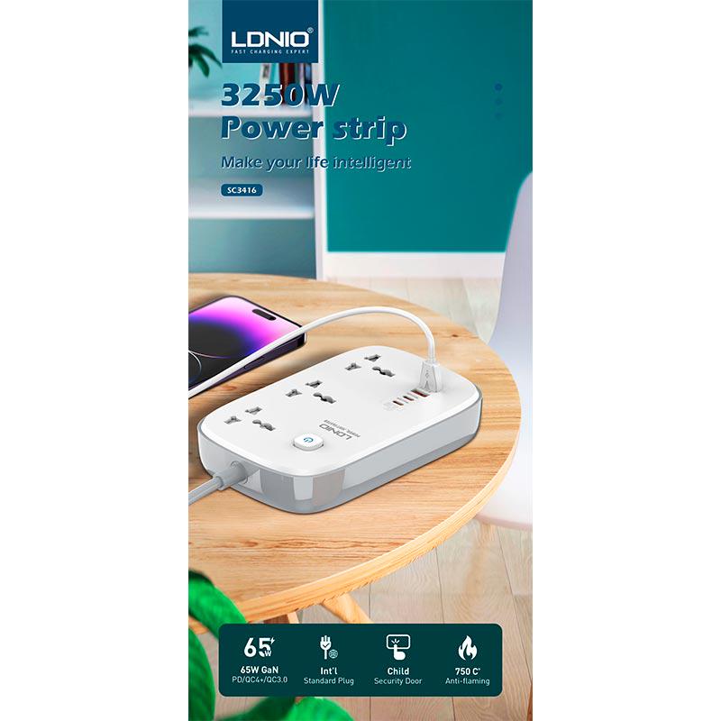 Подовжувач мережний Ldnio SC3416 3 Sockets USB Type-C 65W White - фото 5