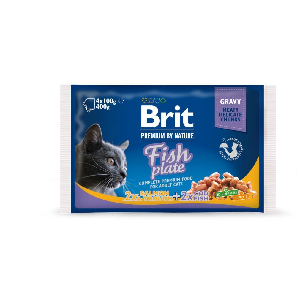 Корм вологий Brit Premium Cat Fish Plate pouches набір паучів для котів рибна тарілка з тріскою лососем та фореллю 100 гх2 шт. (34806850)