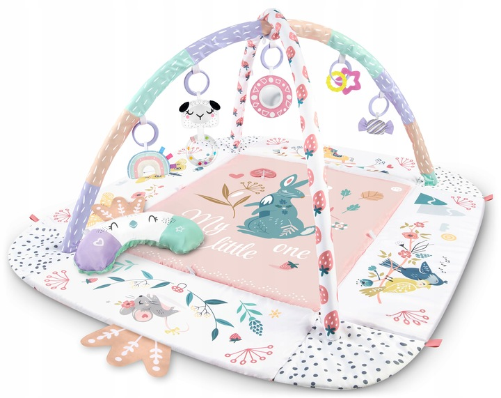 Коврик детский Ricokids Птички интерактивный мягкий с навесными игрушками и бортиками Розовый (110х100 см)