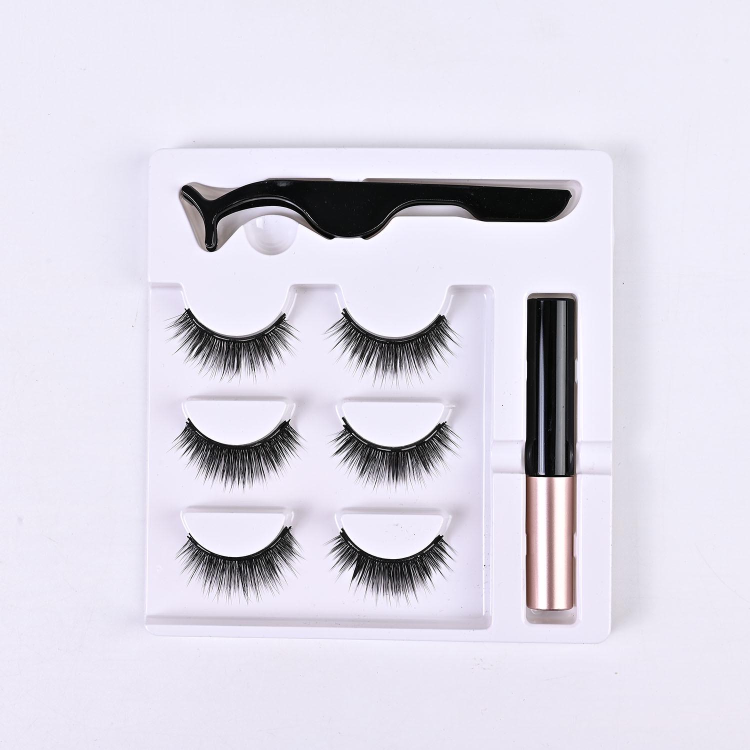 Набор накладных ресниц три пары многоразовых магнитных ресниц 3D с подводкой и пинцетом 5 магнитов 1001 10 мм (0160109)