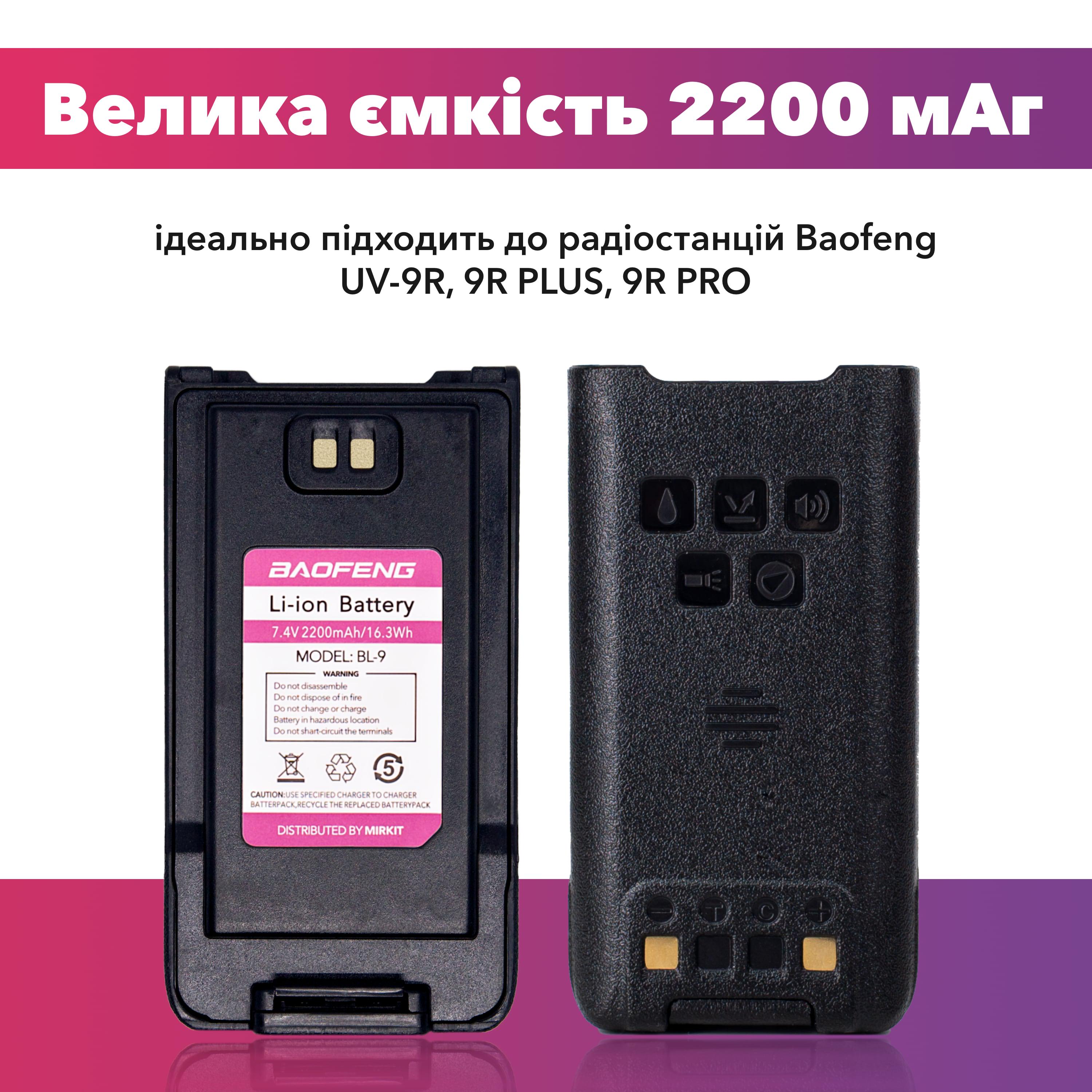 Рація Baofeng UV-9R Plus MK1 8W Li-ion 1800 мАч UHF/VHF IP67 з АКБ 2200 мАч та ремінцем на шию (008715) - фото 3