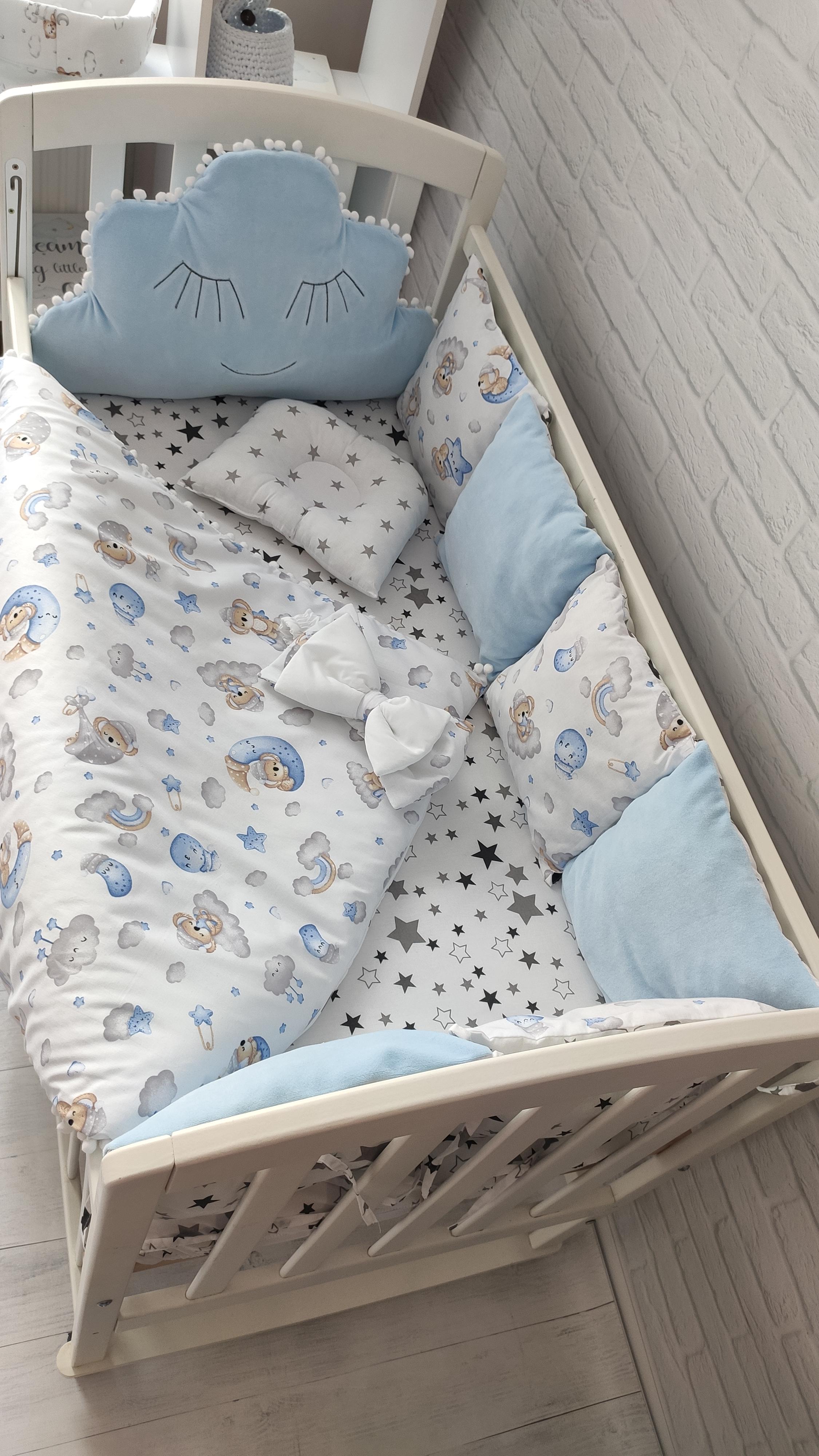 Набор бортиков в кровати Велюр Облако на три стороны Голубой - фото 8