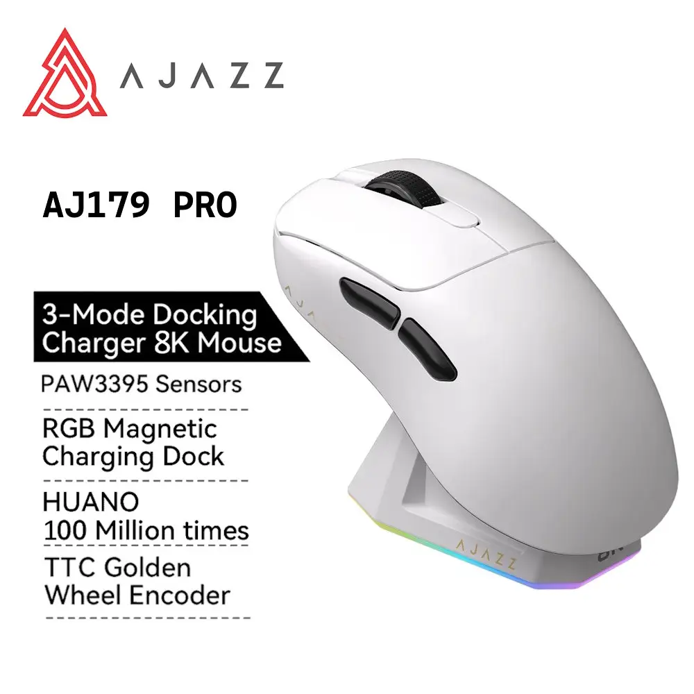 Миша бездротова Ajazz Aj179 Pro PixArt PAW3395 8000Hz із RGB док-станцією White - фото 2 Миша бездротова Ajazz Aj179 Pro PixArt PAW3395 8000Hz із RGB док-станцією White - фото 2