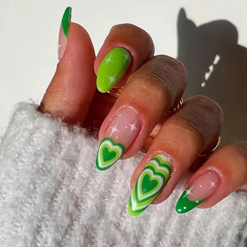 Накладные ногти Сердце со звездами миндаль средней длины с клеевыми пластинами 24 шт. Зеленый (2789190668) - фото 2 Накладные ногти Сердце со звездами миндаль средней длины с клеевыми пластинами 24 шт. Зеленый (2789190668) - фото 2