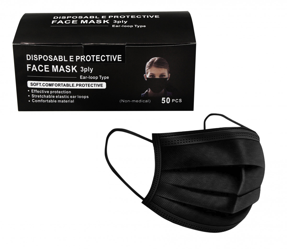 Маска медична для обличчя одноразова тришарова 50 шт. Чорний (0582)