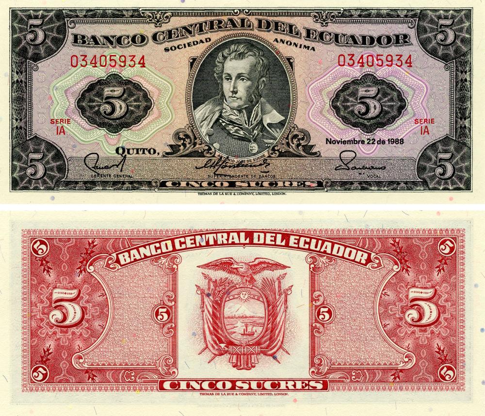 Коллекционная банкнота Эквадор 5 сукре 1988 года UNC Серия IA P113d (Б17715)