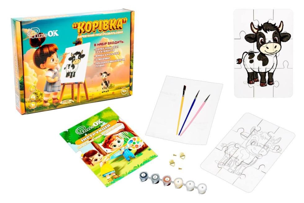 Пазл розмальовка дерев'яна для дітей PuzzleOK Корівка 9 деталей