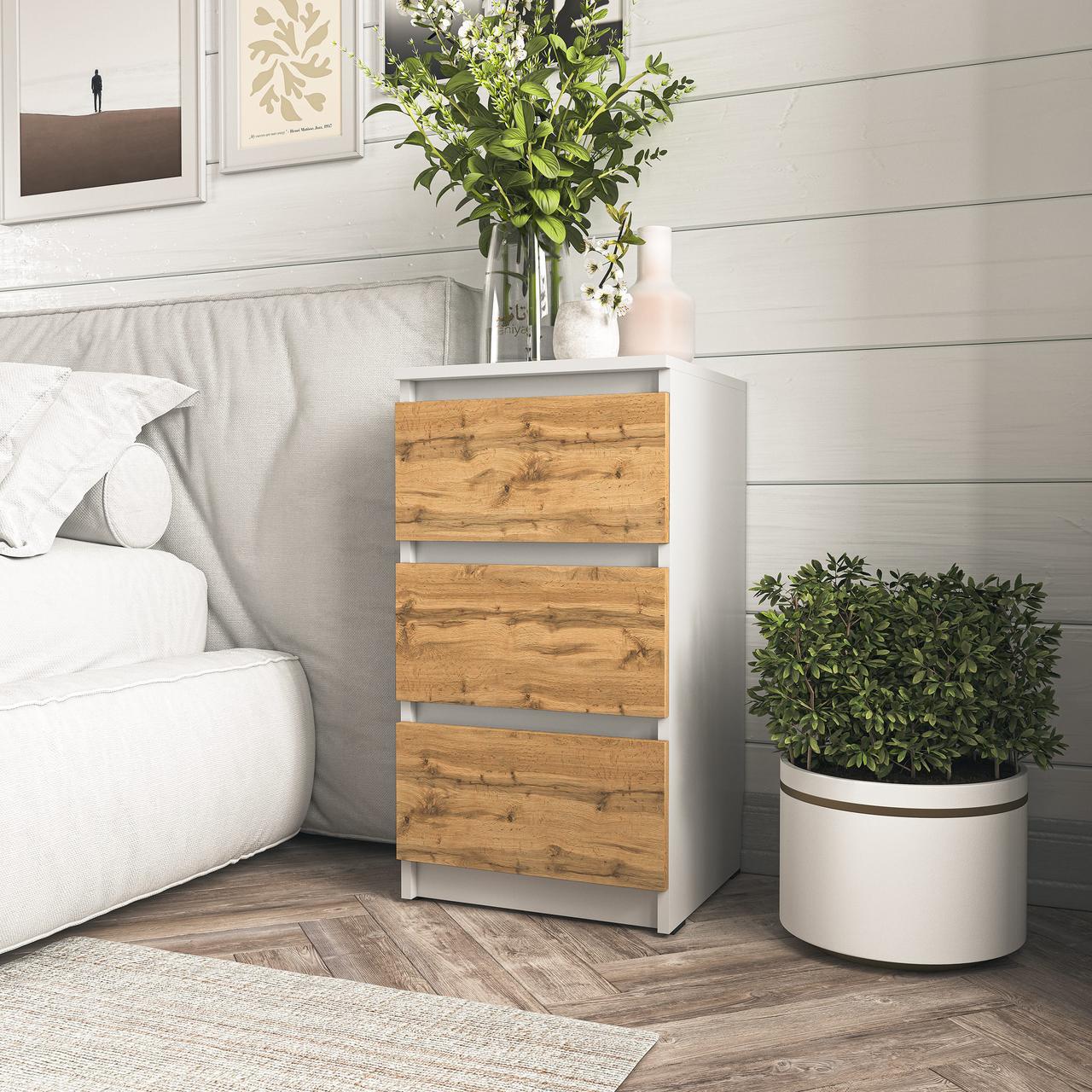 Тумба прикроватная с тремя ящиками и скрытыми ручками Белый/Дуб Аппалачи (T-216)