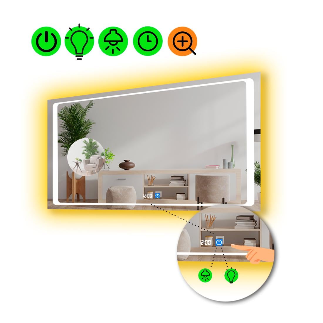 Зеркало с LED подсветкой Emma с сенсором/часами и линзой без подсветки 100x60 см (8776064)