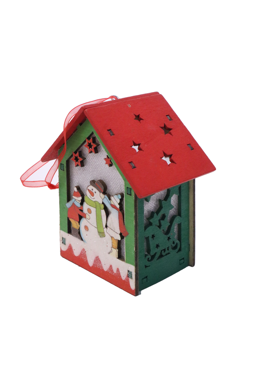Игрушка новогодняя на елку Домик с рисунком снеговика фонарик из дерева (1531999446)