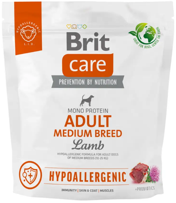 Корм гіпоалергенний для собак середніх Brit Care Dog Hypoallergenic Medium Breed з ягнятком всіх порід 1 кг (1821030977)