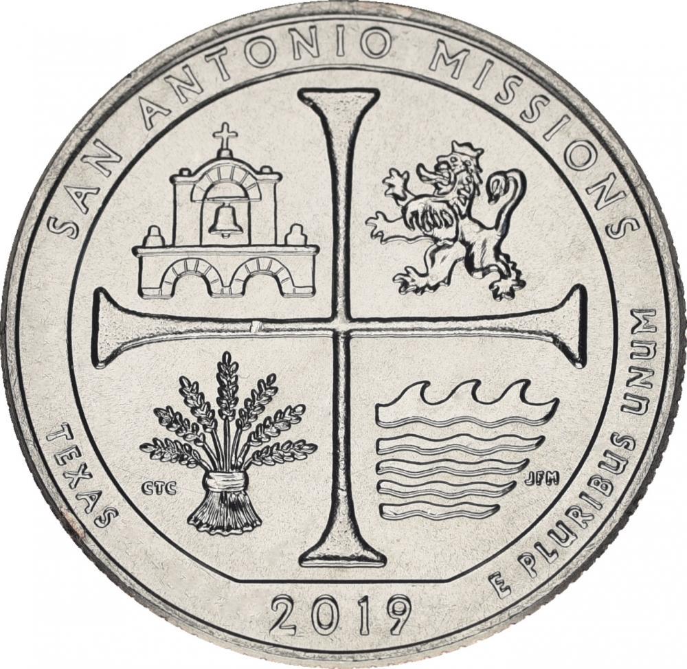 Коллекционная монета США 25 центов квотер 2019 S UNC 49-й парк Национальный исторический парк Сан-Антонио Миссионс